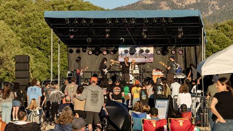 A summer evening in Big Bear Lake with a crowd watching a live band on stage.