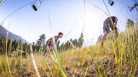 runner blocked by a grass view running uphill in the summer grass