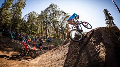 Two mountain bikers racing.