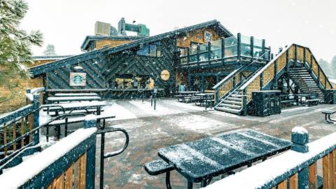 Snow Summit with snowfall outside the Ironwood Coffee venue