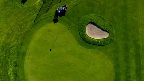 Drone view of Bear Mountain Golf Course greens