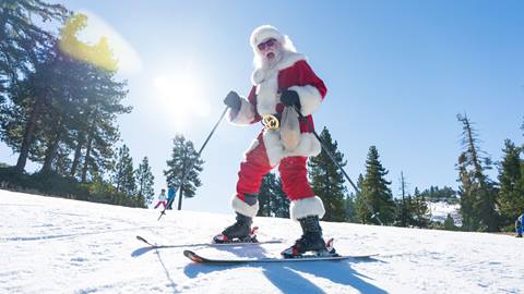 Santa Claus skiing at snow valley ski resort