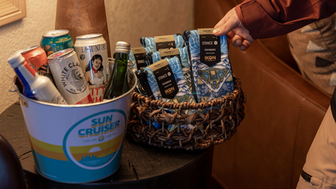 hand grabbing basket full of socks in the Ikon Pass Suite at Snow Summit