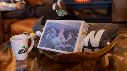snow summit night session puzzle in a basket on a table in the Ikon Pass Suite at Snow Summit