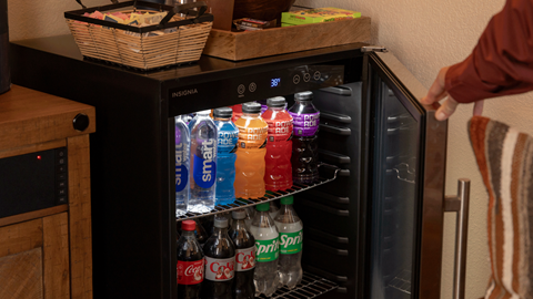 mini fridge fill with coca-cola product beverages in the Ikon Pass Suite at Snow Summit