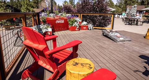 Red lounge chairs on a sun deck