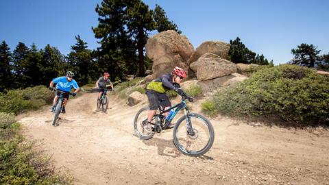 three mountain bikers on a sunny day riding at summit bike park