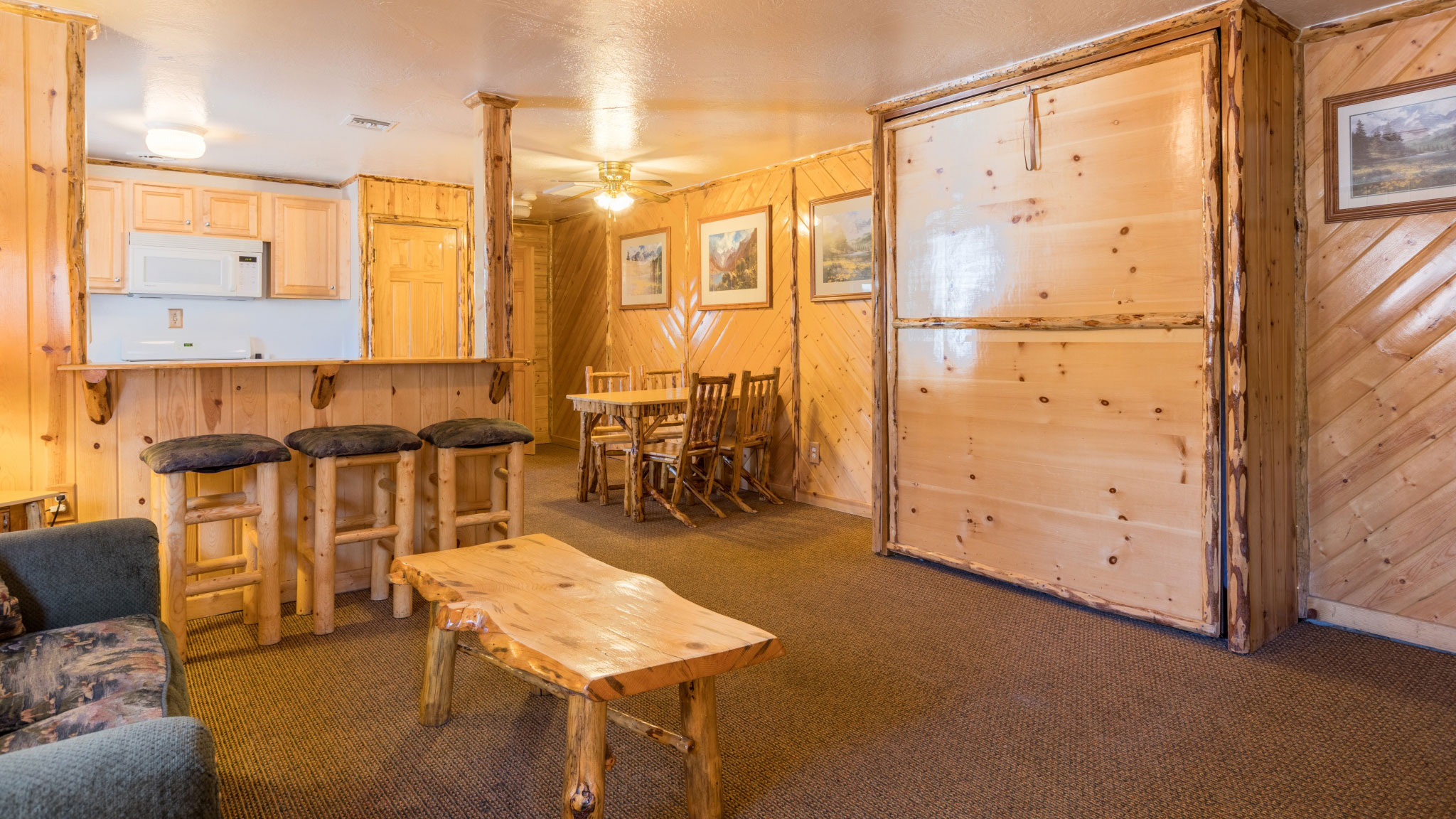 View of a kitchen seating area inside a lodge