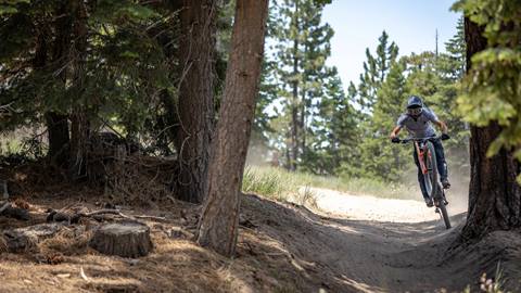 Young rider on an ebike rental navigating a dirt bike trail at Snow Summit Bike Park, surrounded by forest trees.