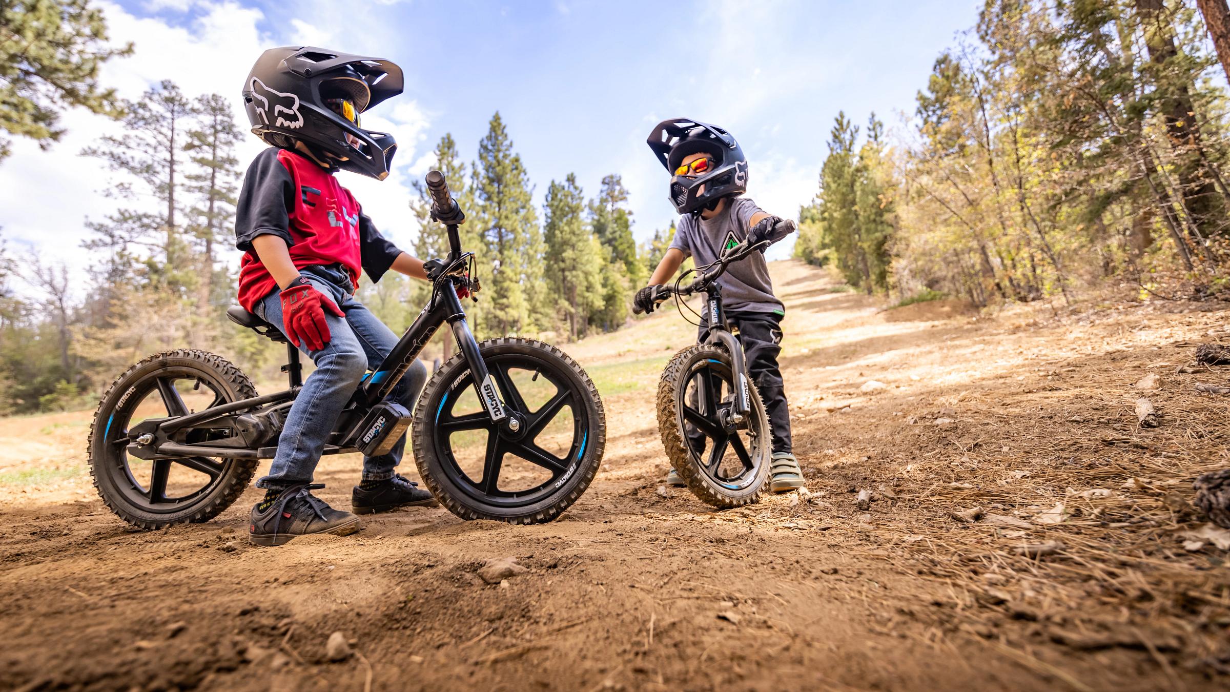 Two kids on electric mountain bikes