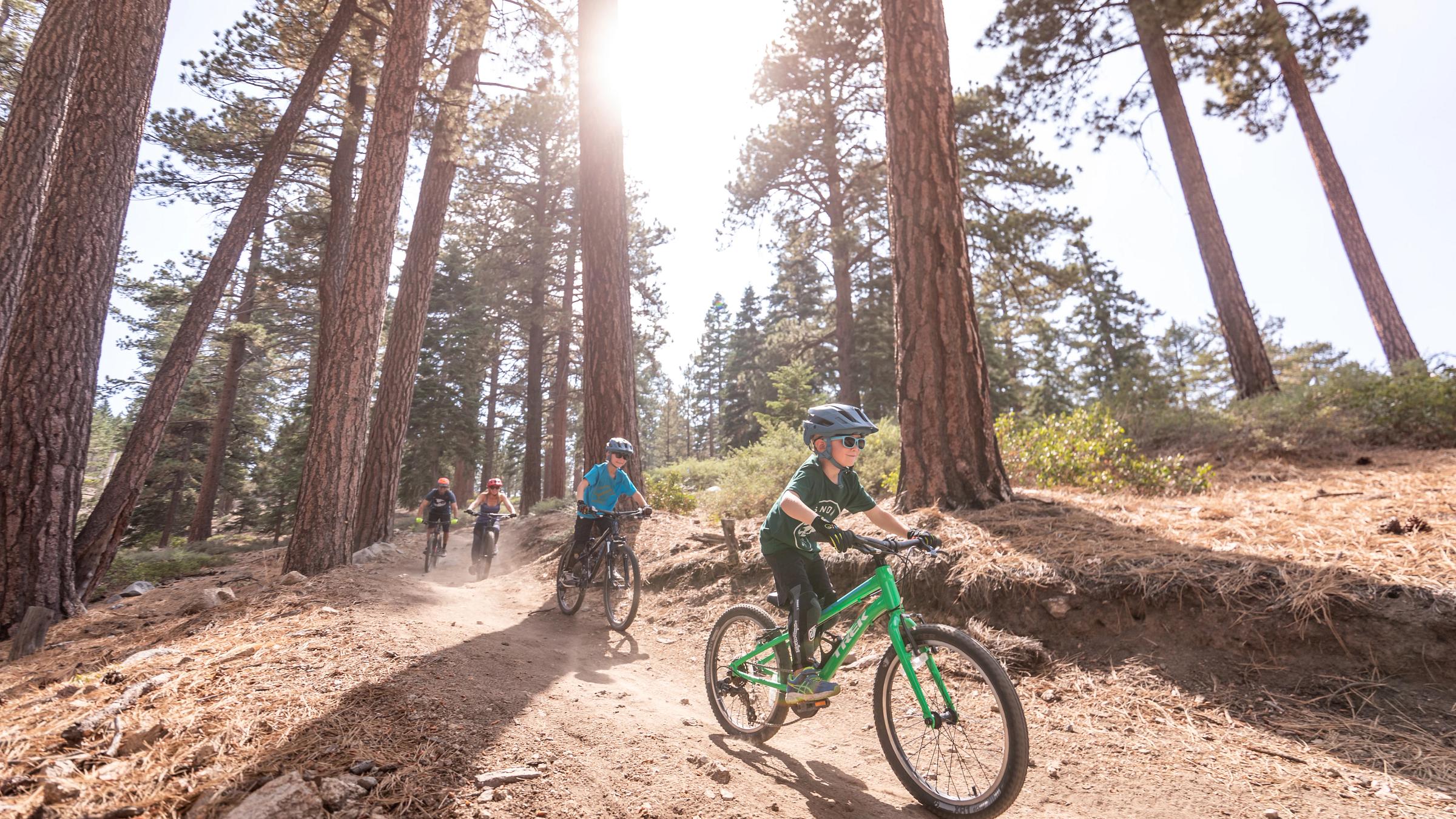 A family mountain biking together.