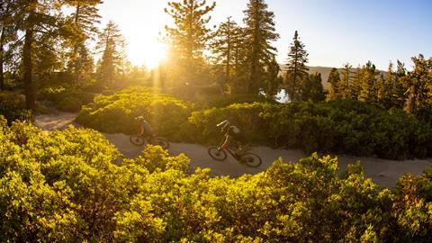 Two riders on bike rentals cruising along scenic bike trails at Snow Summit Bike Park during golden hour.