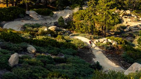 A mountain biker doing a wheelie on a summer dirt trail at Snow Valley.
