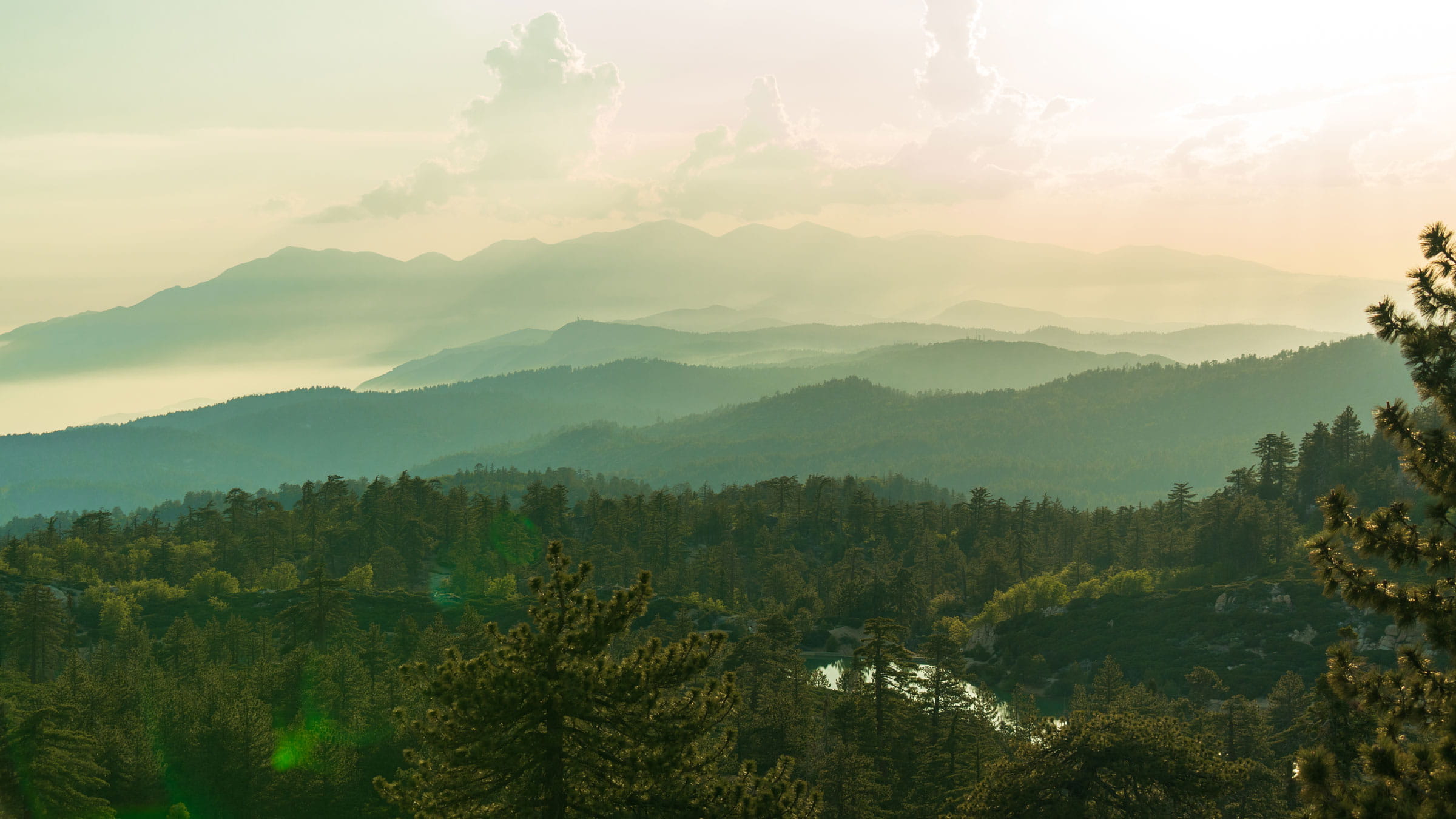 scenic sunset view in the San Bernardino Mountains from Snow Valley's mountaintop
