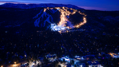 Night Session at Snow Summit drone view with lights on the mountain