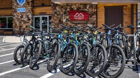 Rows of bikes in front of the Big Bear Lake visitors center