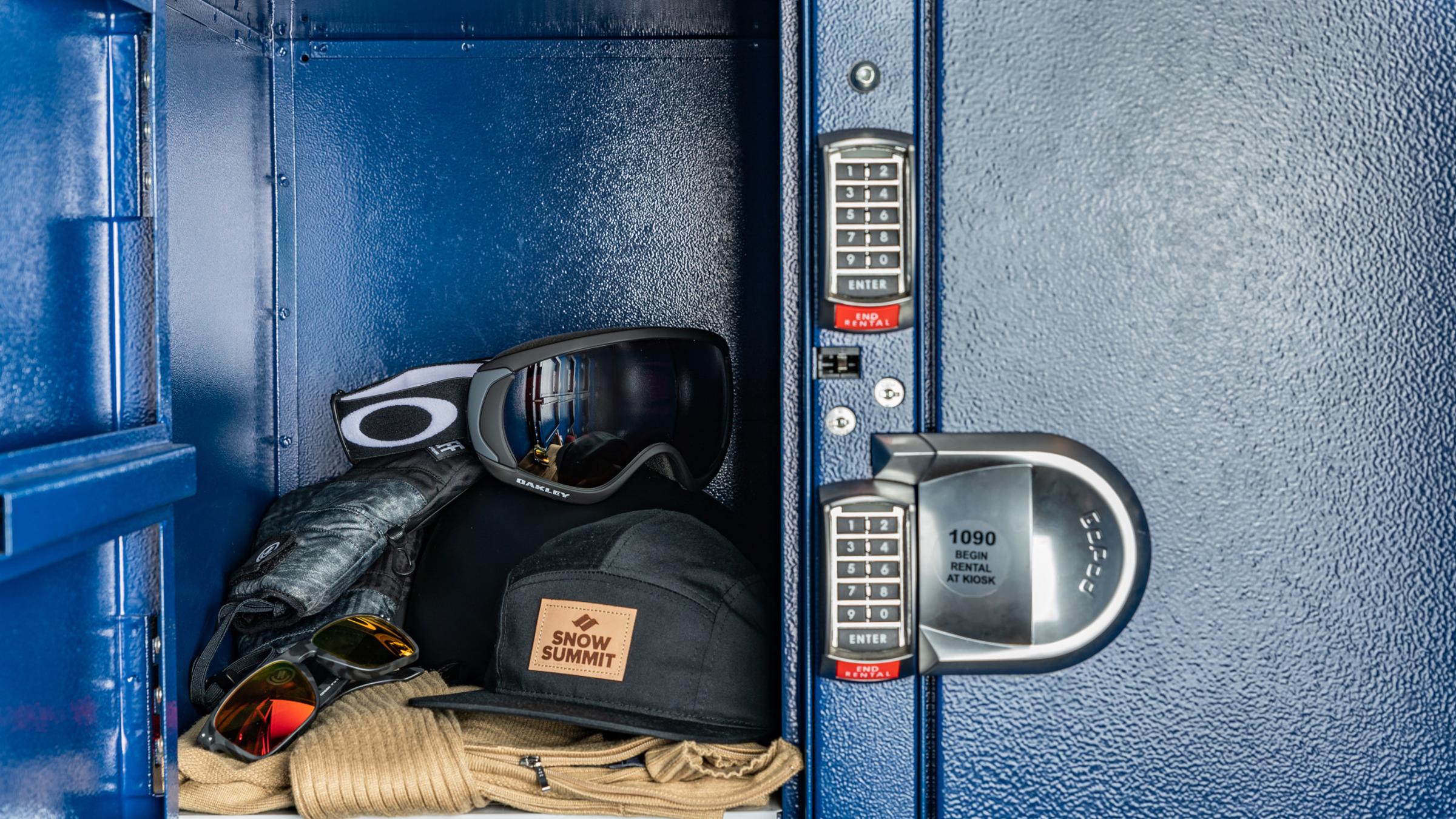 Gear sitting inside a blue locker.