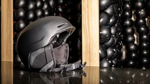 Helmet sitting on a counter.