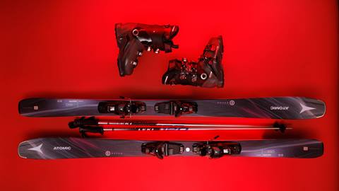 Pair of demo rental skis, poles, and boots at Bear Mountain