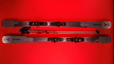 Pair of demo rental skis and poles at Bear Mountain