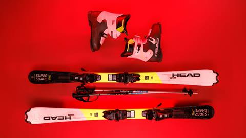Pair of childrens skis, poles, and boots rental at Bear Mountain