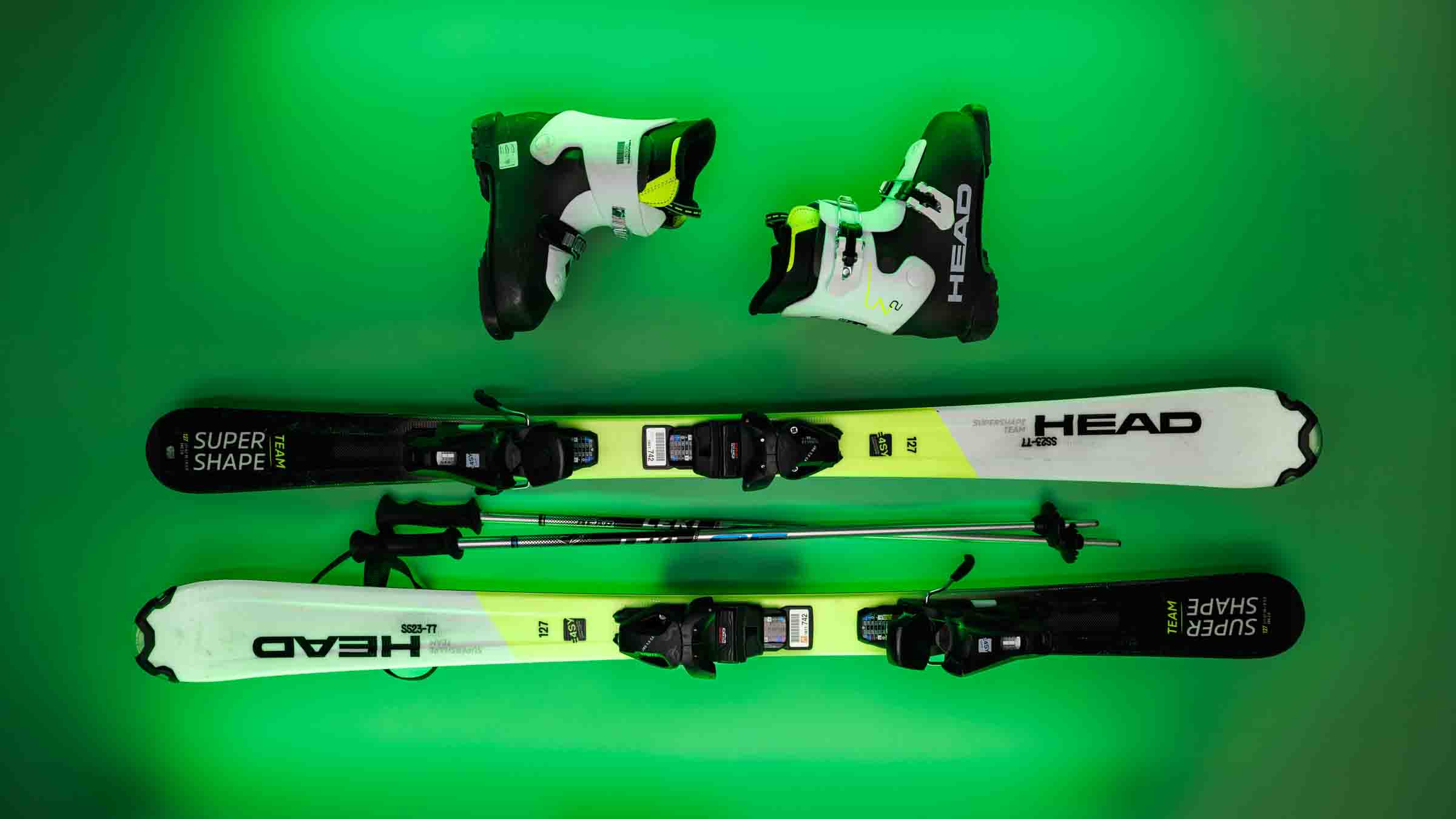 Child ski rental package with skis, poles, and boots at Snow Summit