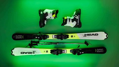 Child ski rental package with skis, poles, and boots at Snow Summit