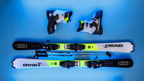 Child ski rental package with skis, boots, and poles at Snow valley
