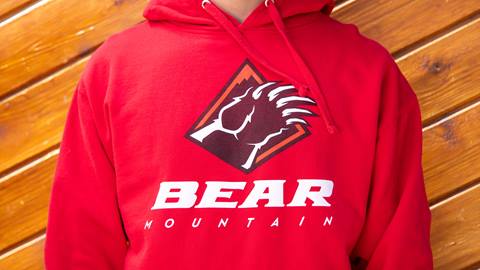 Bear Mountain red hooded sweatshirt with a black and white bear claw logo with the words Bear Mountain underneath.