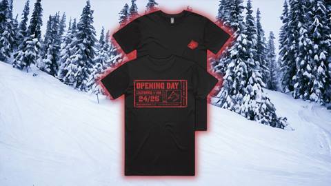 Black Bear Mountain 2024 2025 opening day t-shirt for the winter season with red logo on front and back