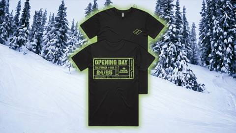 Black Snow Summit 2024 2025 opening day t-shirt for the winter season with green logo on front and back