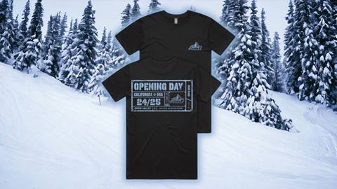 Black Snow Valley 2024 2025 opening day t-shirt for the winter season with blue logo on front and back