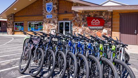 Exterior view of BBMR Visitors Center Station with rental bike fleet in view.