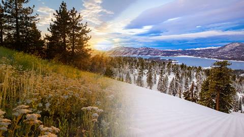 Summer season mixing into a winter season in the mountains