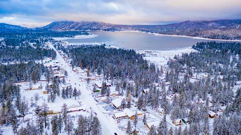 Drone view of Big Bear in the winter time
