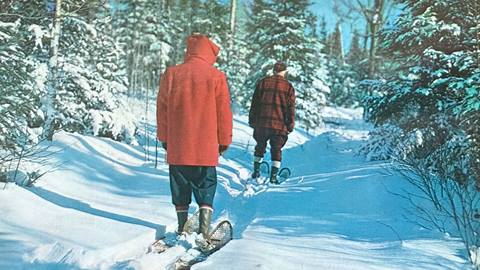 Two adults in dark bottoms and red long coats, snowshoeing through a snowy powdery forest.