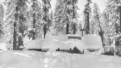 A building buried in snow with the trees and surrounding landscape also covered in white snow.