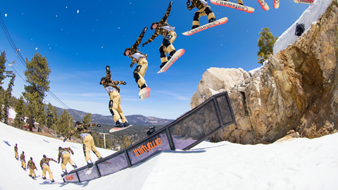 Snowboarder doing a trick with a step by step shot