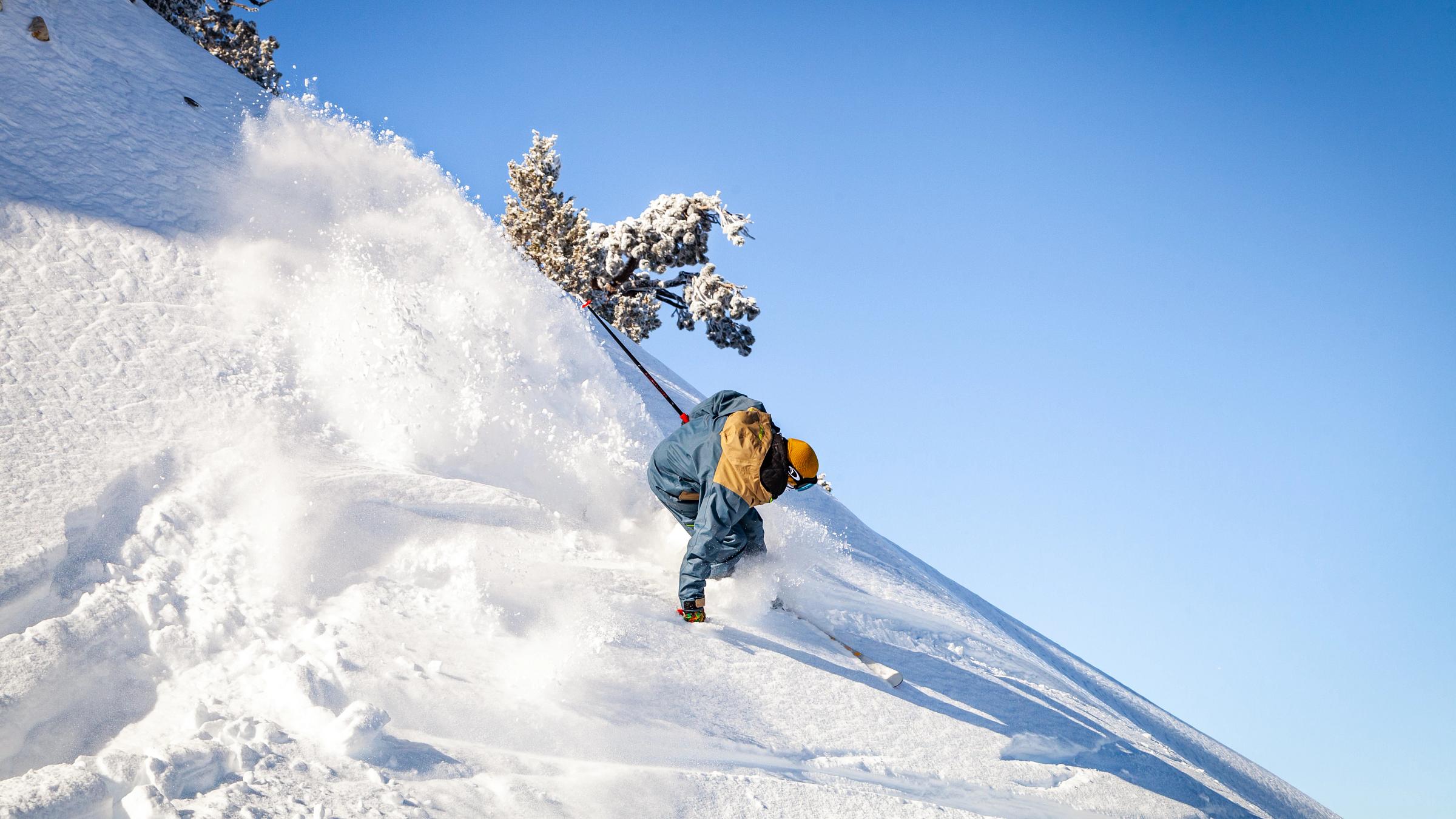 skier going down the powder mountain