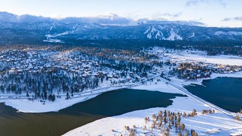 Drone image of Big Bear Lake looking at Bear Mountain and Snow Summit