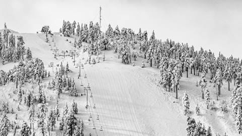 Black and white drone shot of Bear Mountain's Geronimo trail