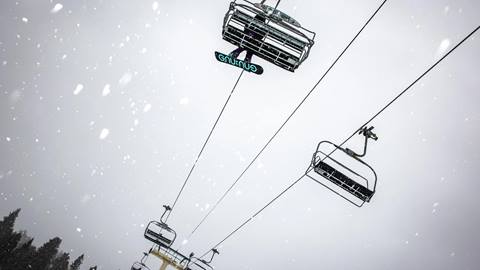 People on chair lift while snowing