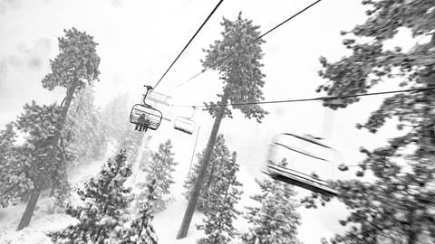 A black and white image from a ski chairlift during a snow storm with pine trees covered with snow.