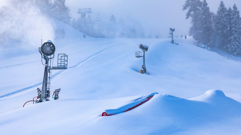 Snow machines turned at Bear Mountain, where there's fresh snow on the slopes and terrain park features are buried in the new snow.