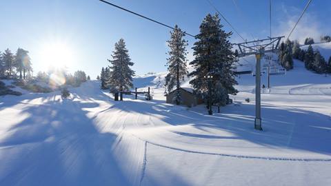 Sunny blue skies at Snow Valley with views from the chairlift looking down on freshly groomed winter trails.