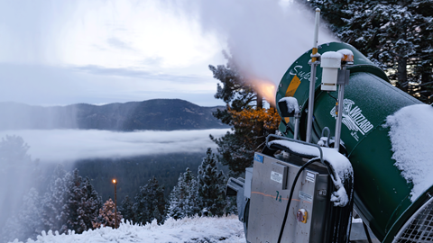 Snowmaking in the early morning at Snow Summit in the winter months with the lake in the background