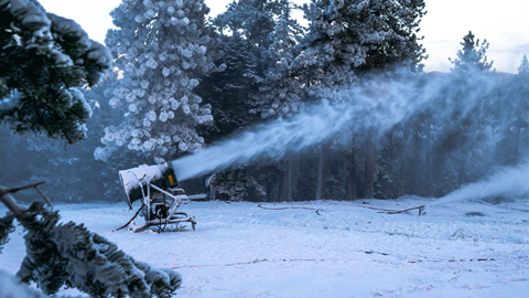 Snowmaking in the early morning at Snow Summit in the winter months on the ski slope