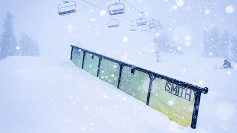A Smith downrail at Bear Mountain with new snow falling