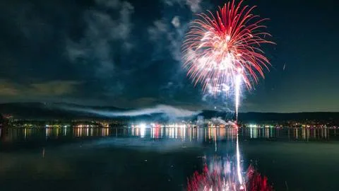 A dark evening with Big Bear Lake in the foreground, city lights in the distance, and the illumination of a firework in the sky and its reflection in the lake.