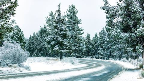 A snowy covered road driving to the mountain resort